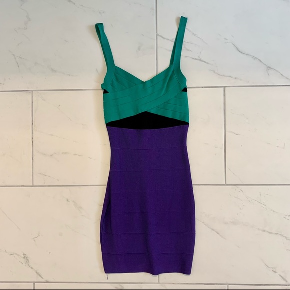 Bodycon, green and purple Bebe dress. Size Small.